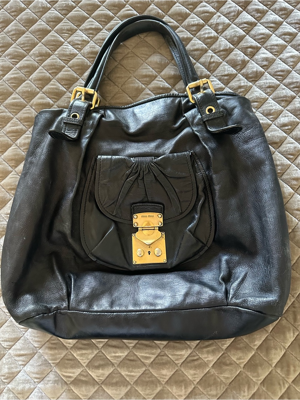 Vintage Miu Miu Vitello Cadeado Black Leather Tote with Gold Hardware
